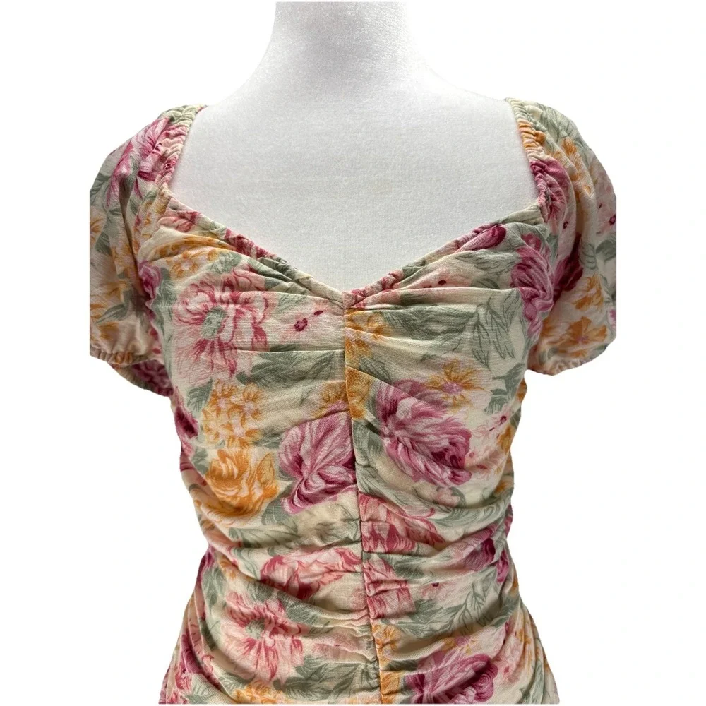 American Eagle Floral Ruched‎ Mini Dress Linen Cotton Puff Sleeve Cottagecore M